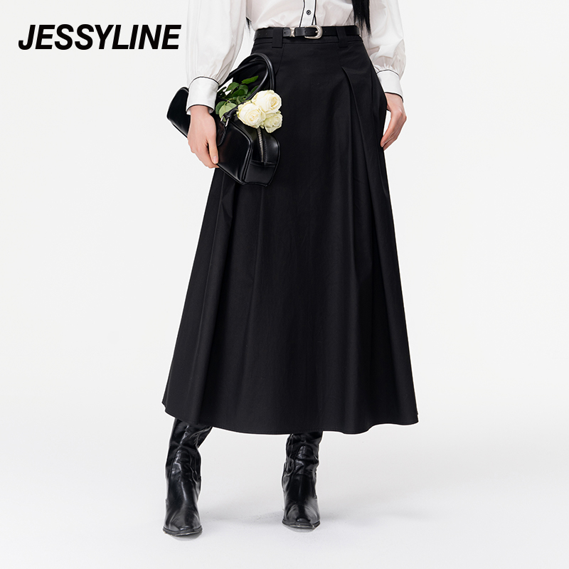 jessyline秋季新款半身裙 杰茜莱时尚休闲黑色高腰中长款A字裙