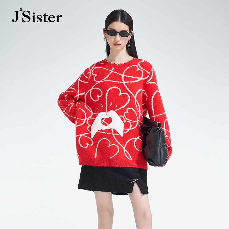 jsister 冬装新款 JS女装时尚红色洋气爱心针织衫 S345104429