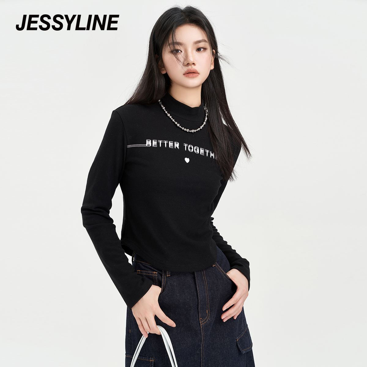 jessyline2023秋季新款杰茜莱简约老钱风长袖T恤秋冬穿搭高领内搭