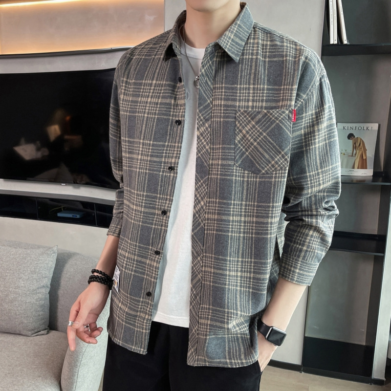 专柜【加绒和不加绒两款可选】秋冬男士潮流百搭简约格子衬衫男款