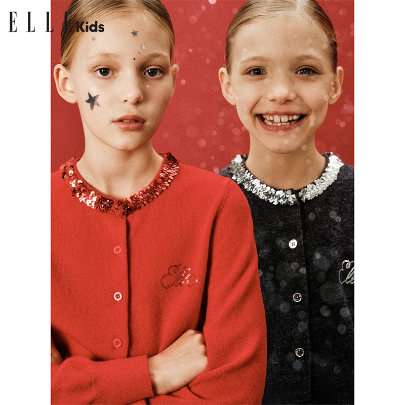 ELLEKIDS法式经典百搭保暖小个子新年系列圆领亮片女童时尚童装