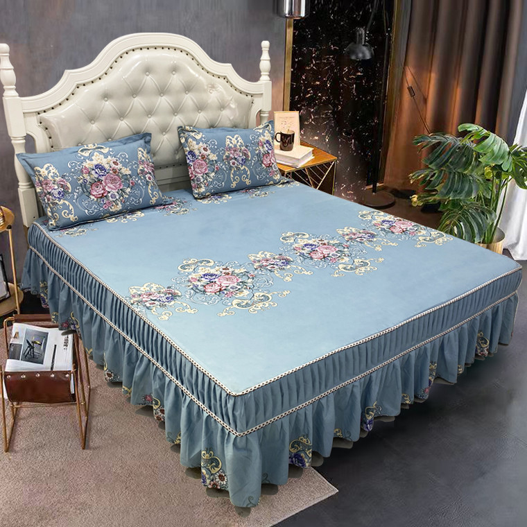 磨毛加厚高档斜纹亲肤床罩爆款四季通用（蓝色欧花）床盖床裙三件套