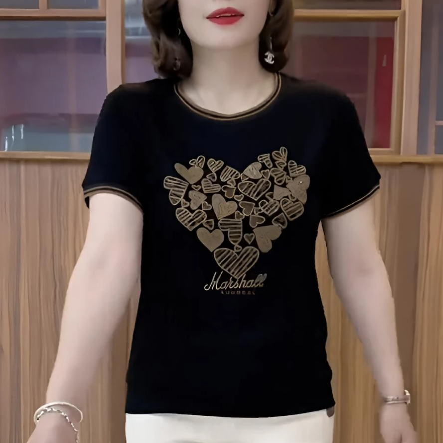 妈妈装夏季款洋气百搭圆领设计感烫钻休闲百搭显瘦减龄上衣短袖
