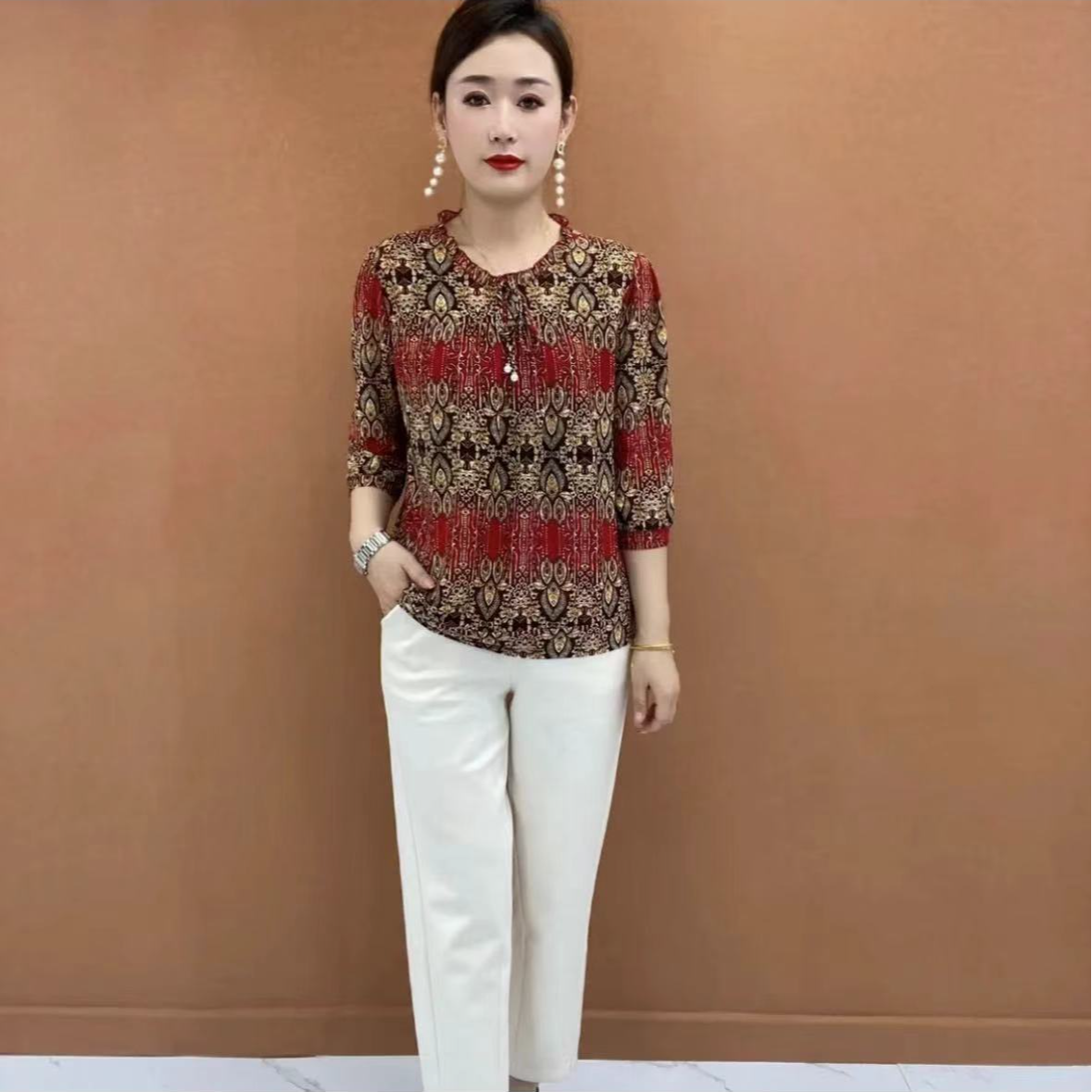 妈妈装夏季新款七分袖T恤女时尚减龄木耳边中老年女装秀气型小衫