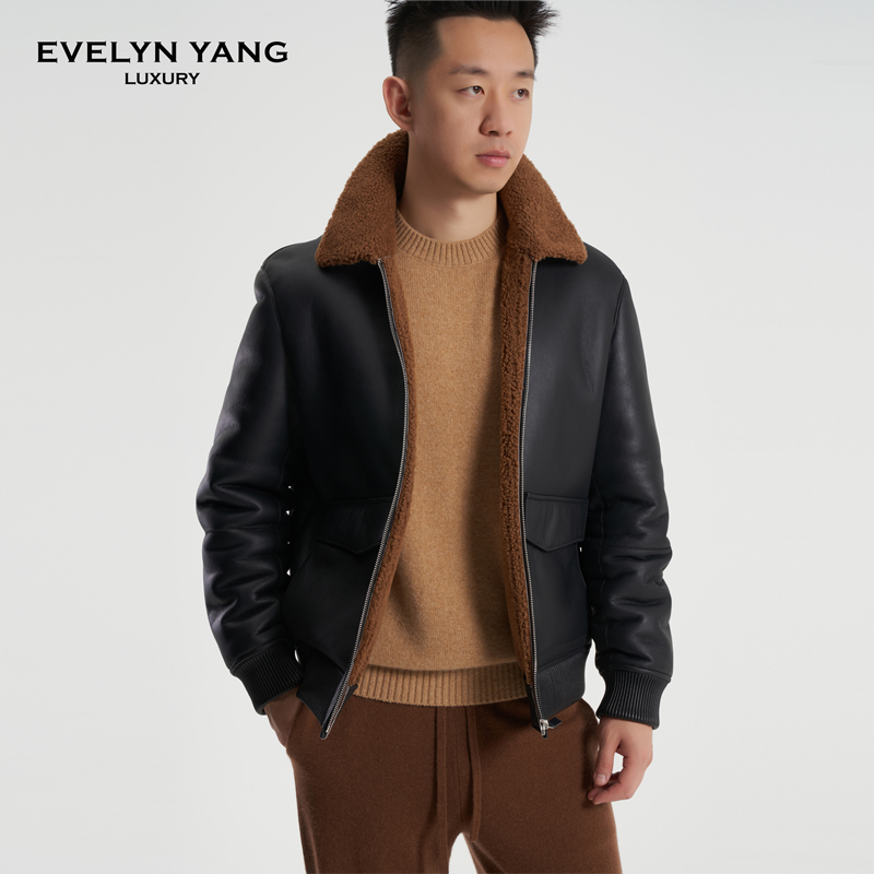EVELYN YANG冬季新款男士TF小棕领美丽奴皮毛一体皮衣