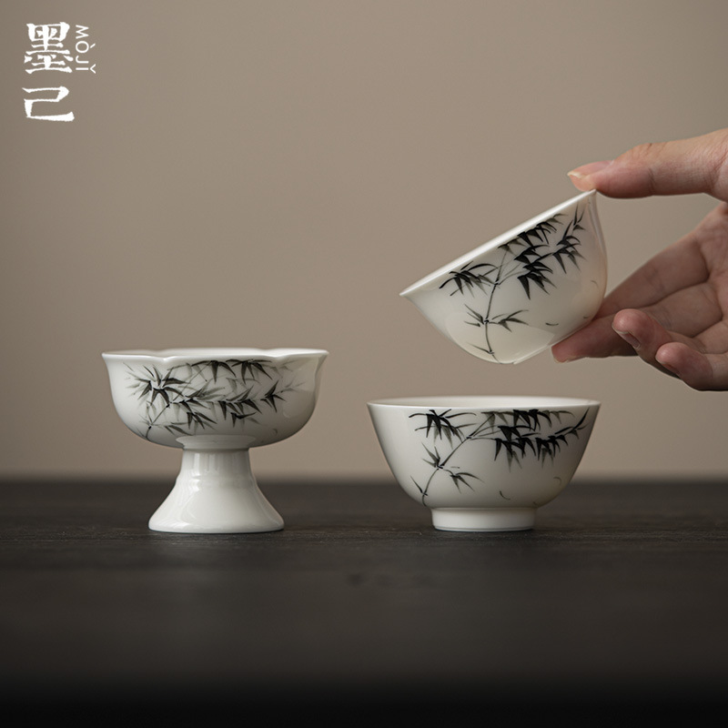 墨己暮苍斋联名墨竹手绘喝茶主人杯功夫茶具墨竹品茗杯大容量单杯