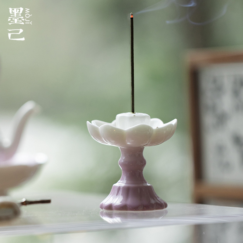 墨己陶瓷幻紫兰吟莲花台线香插香道禅意线香炉摆件渐变紫家用香fF