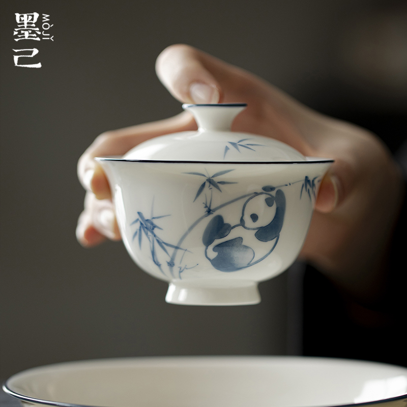 墨己玉泥白瓷手绘青花熊猫戏竹盖碗功夫茶具陶瓷家用文人泡茶盖碗