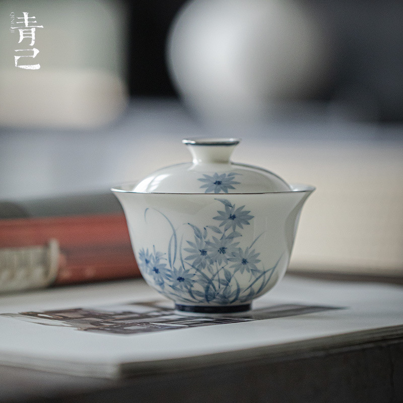 青己 家用陶瓷手绘盖碗 功夫茶具釉下彩青花泡茶碗 野菊赋家用碗
