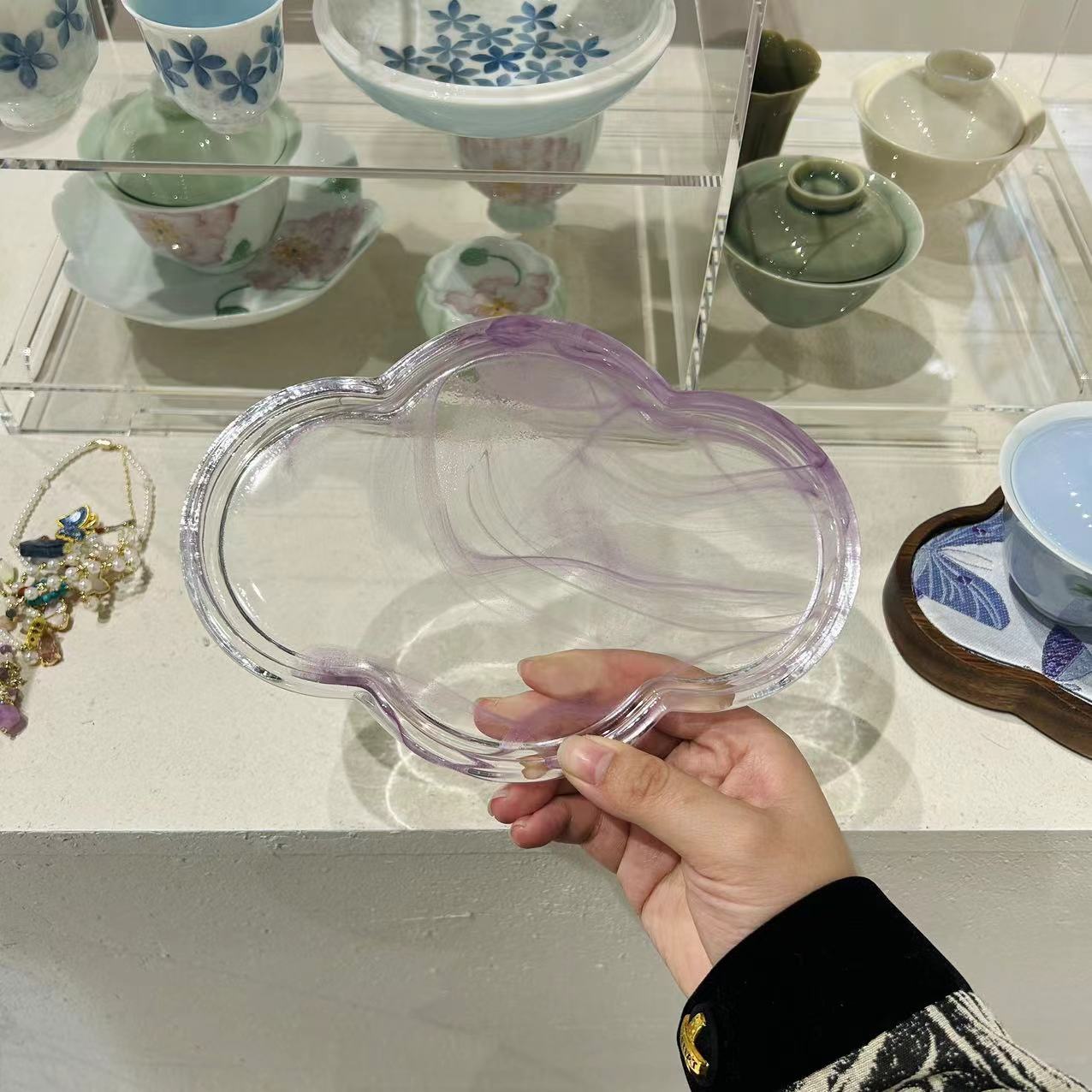 新中式玻璃干泡台国风水墨壶承茶杯托盘茶台玻璃海棠茶盘禅意