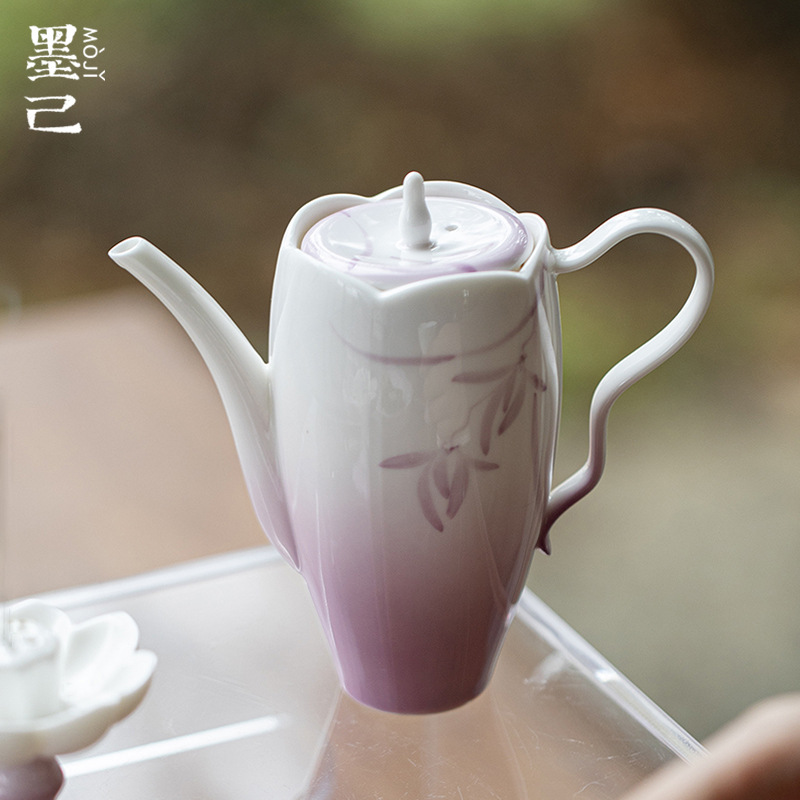 墨己玉泥幻紫兰吟渐变紫手执壶茶具陶瓷手绘兰花家用茶壶球孔过fF