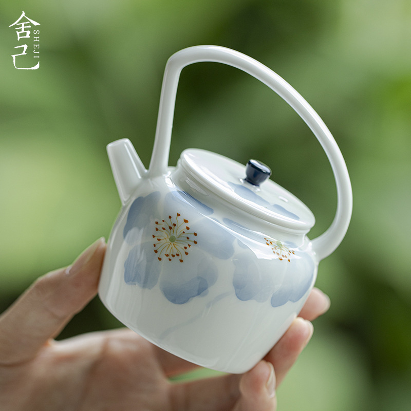 墨己玉泥手绘蓝影海棠斜把提梁壶功夫茶具泡茶壶球孔过滤小壶