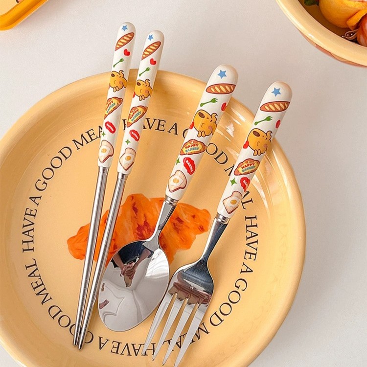 可爱卡通面包狗餐具陶瓷手柄304不锈钢勺子叉子筷子学生便携套装