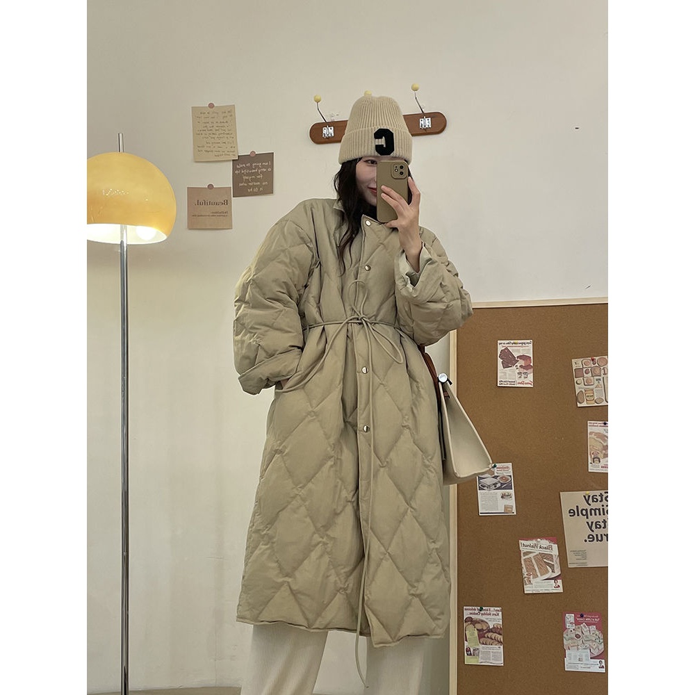 零下20度韩版白鸭绒菱形格长款羽绒服女立领宽松休闲过膝加厚外套