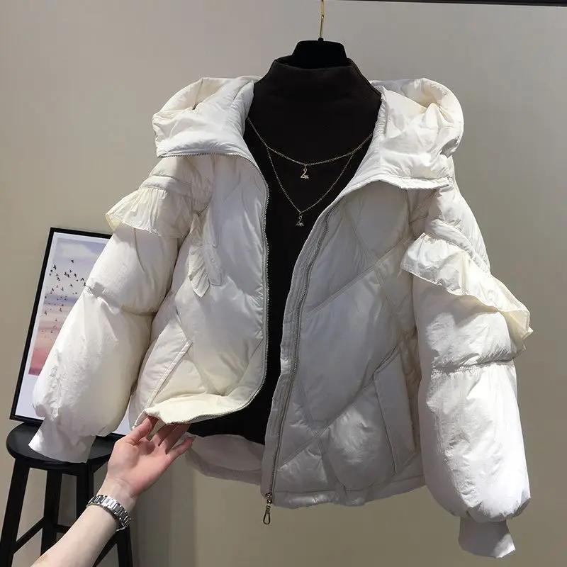 欧货冬装2023新款连帽荷叶边羽绒服服女时尚洋气减龄保暖羽绒X