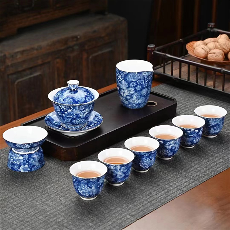 中式功夫茶具套装满花釉下彩堆料陶瓷家用简约盖碗杯子茶杯高端