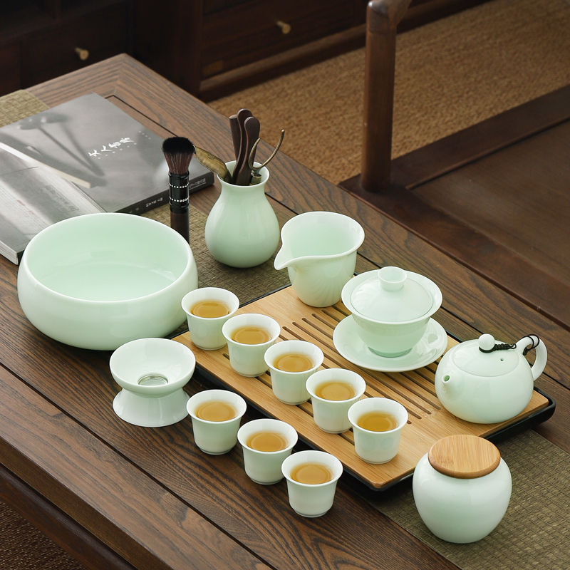 功夫茶具套装陶瓷轻奢小清新简约家用办公茶壶盖碗杯茶道干泡盘