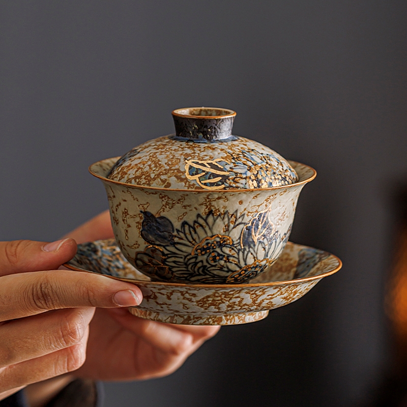 青石釉大师手绘功夫茶具三件套盖碗泡茶碗三才碗西施壶轻奢礼盒装