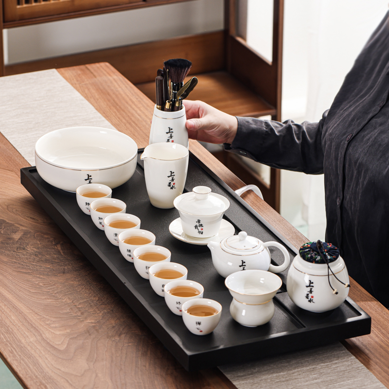 德化高档白瓷功夫茶具套装家用羊脂玉陶瓷泡茶壶盖碗杯乌金石茶盘
