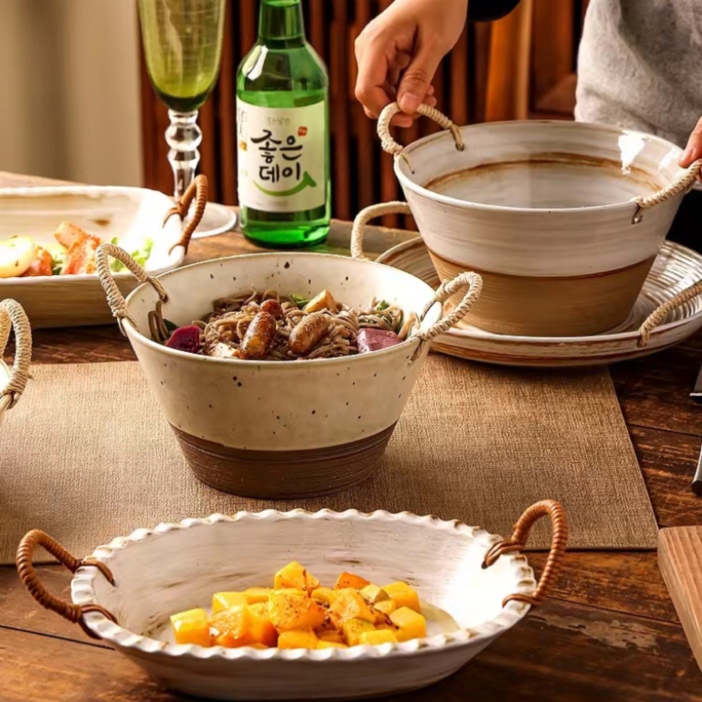 者者居 景德镇手工粗陶复古日式双耳大盘圆盘方盘