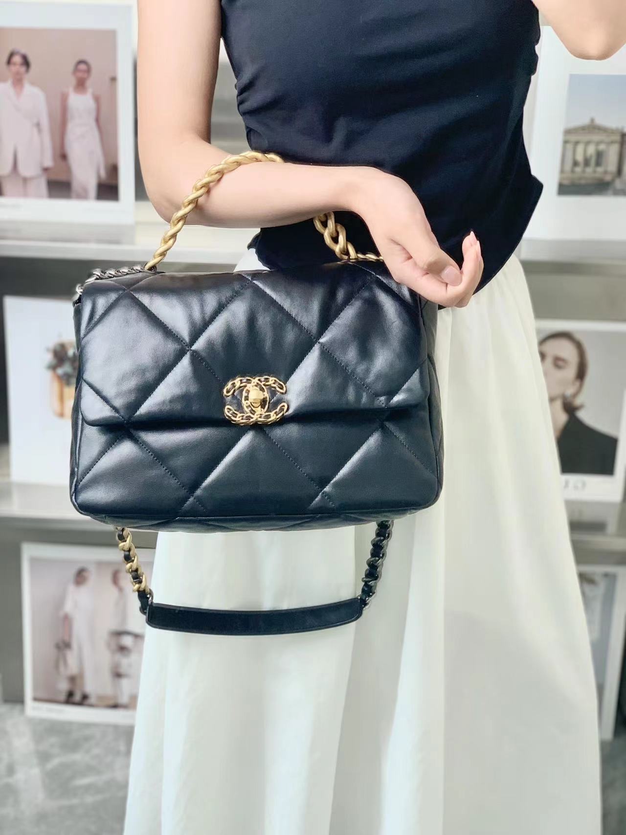 99新 Chanel/香奈儿 19bag中号黑金单肩包/无公价/优品