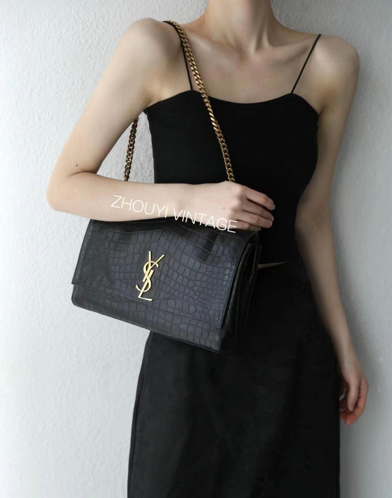 99新 YSL/圣罗兰 ysl双面kate中号黑金鳄压单肩包  /无公价/甄选