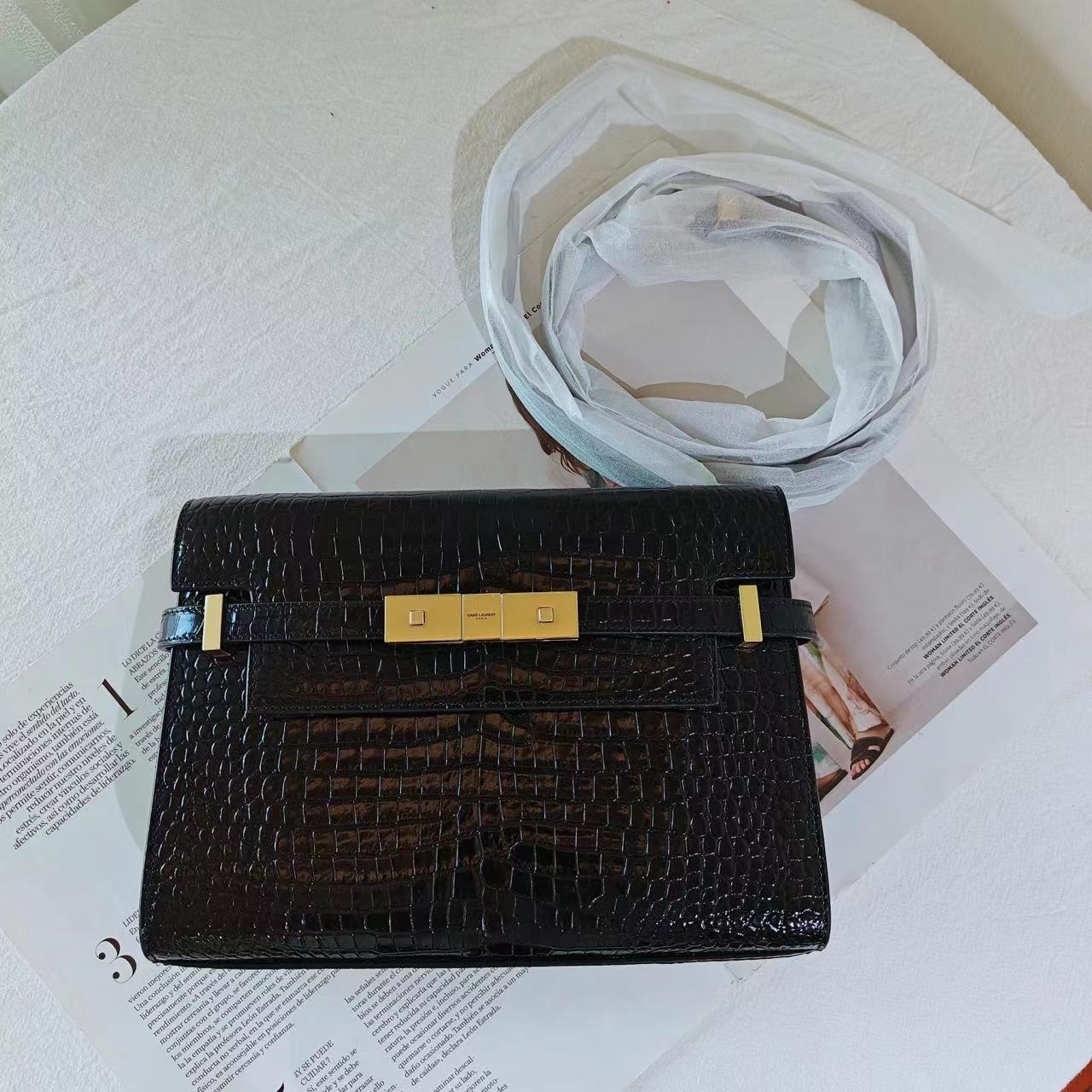 99新 YSL/圣罗兰 YSL曼哈顿小号黑金鳄压 单肩包/无公价/优品