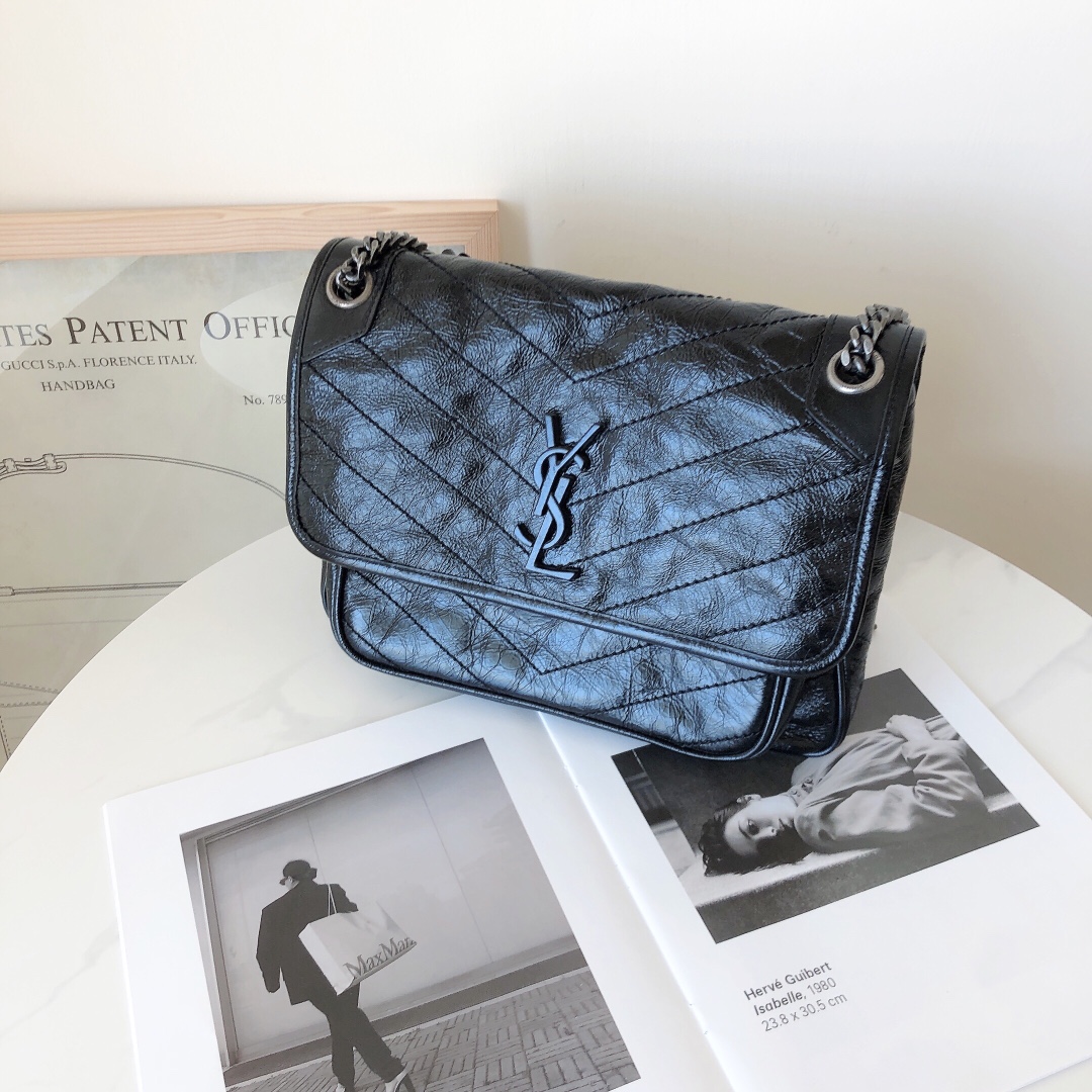 99新 YSL/圣罗兰 YSL niki黑银中号单肩斜挎包/经典款/甄选