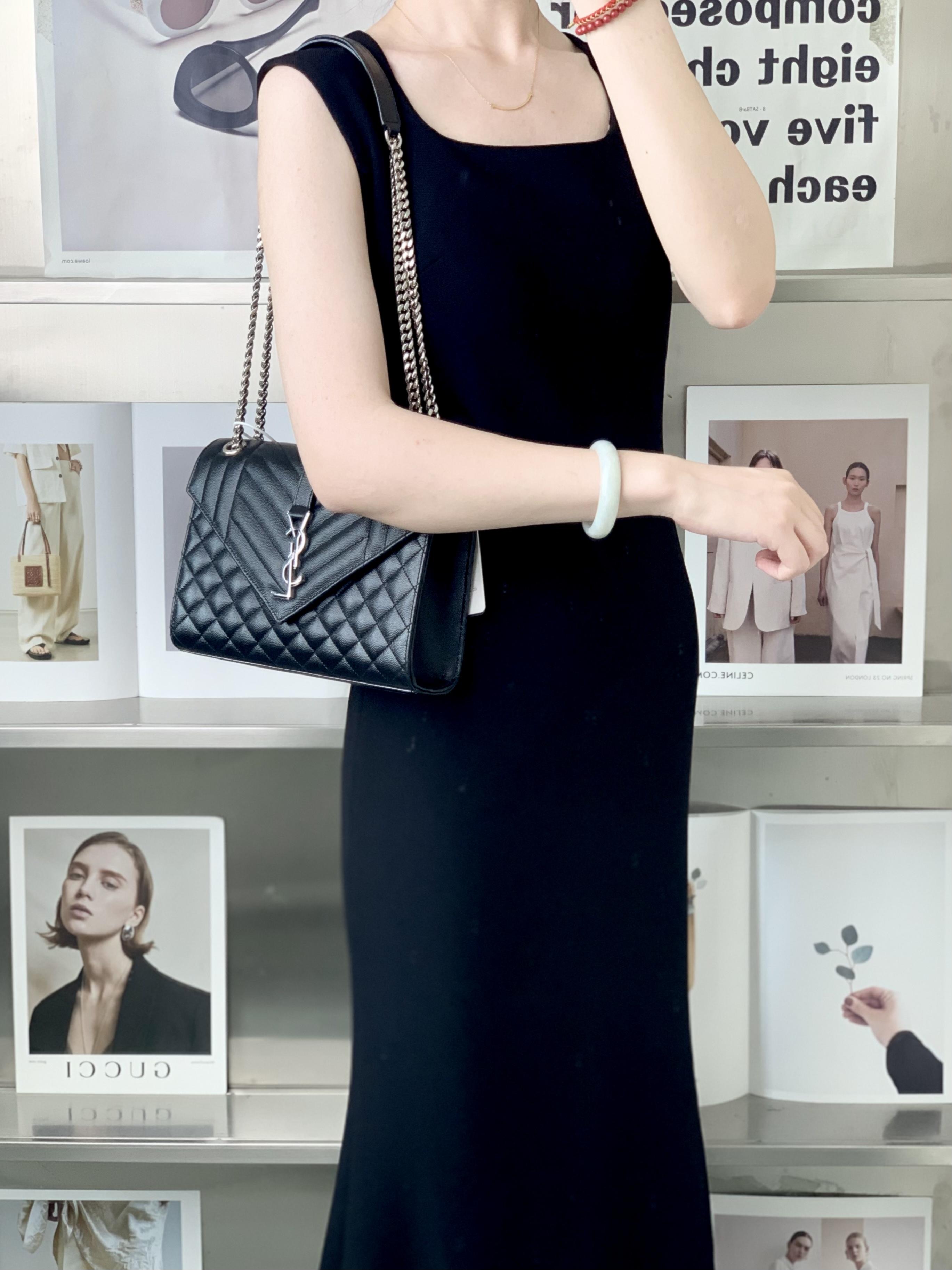 99新 YSL/圣罗兰 ysl新款信封中号黑银单肩斜挎包/甄选