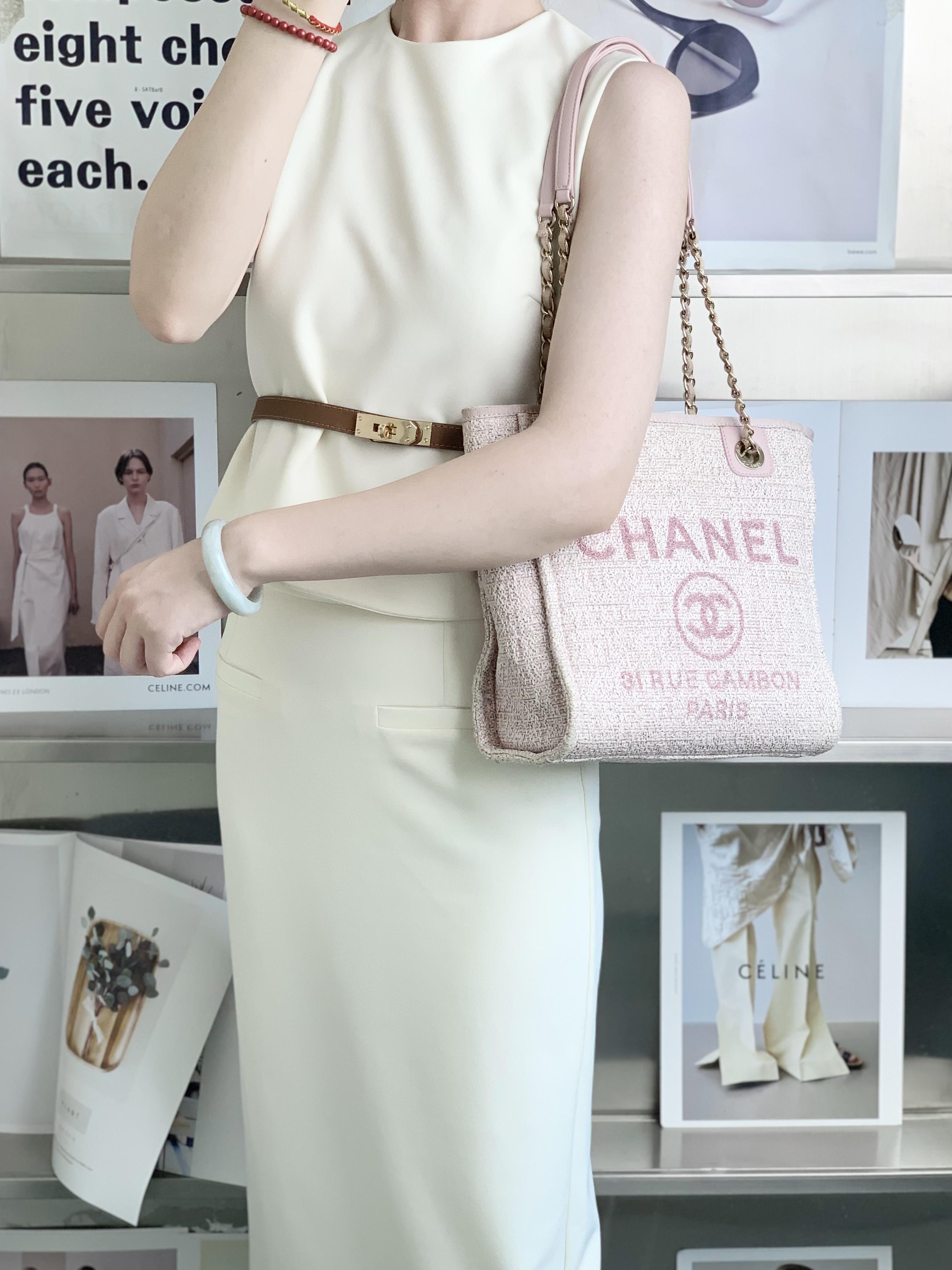 95新 Chanel/香奈儿 98新/粉色沙滩包小号帆布编织tote/甄选