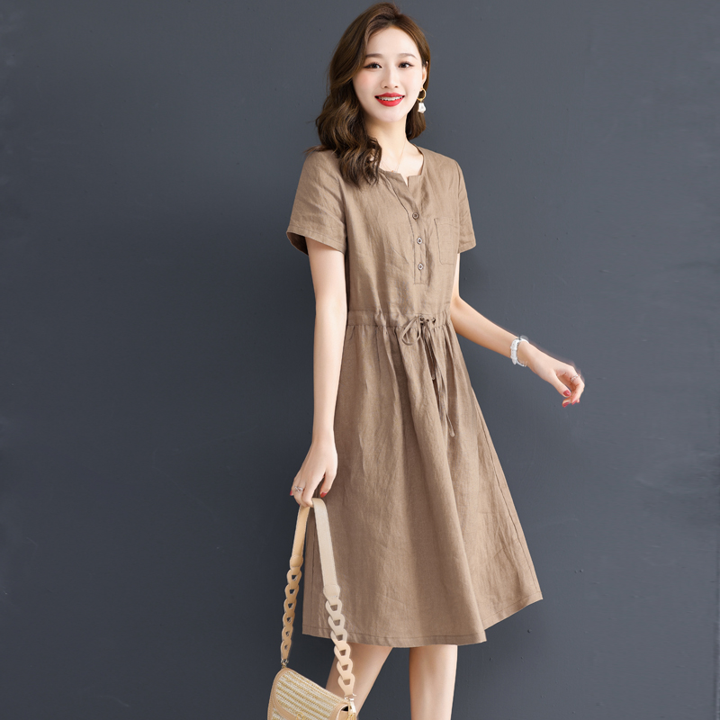 高端棉麻连衣裙女2025新款夏季薄款大码洋气时尚上档次中长款裙子