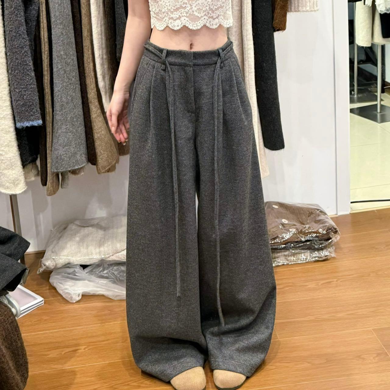 饼饼3090加厚通勤呢子后腰松紧阔腿裤