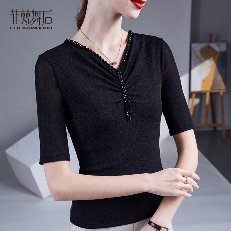 菲梵舞后V领钉珠网纱舞蹈服女现代舞修身显瘦上衣广场舞上衣黑色