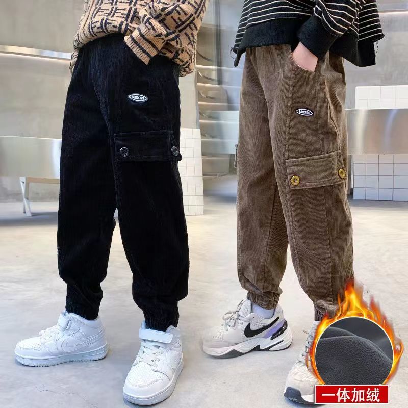 男童灯芯绒裤子2023秋冬加绒加厚儿童木棉绒大童休闲裤中大童长裤