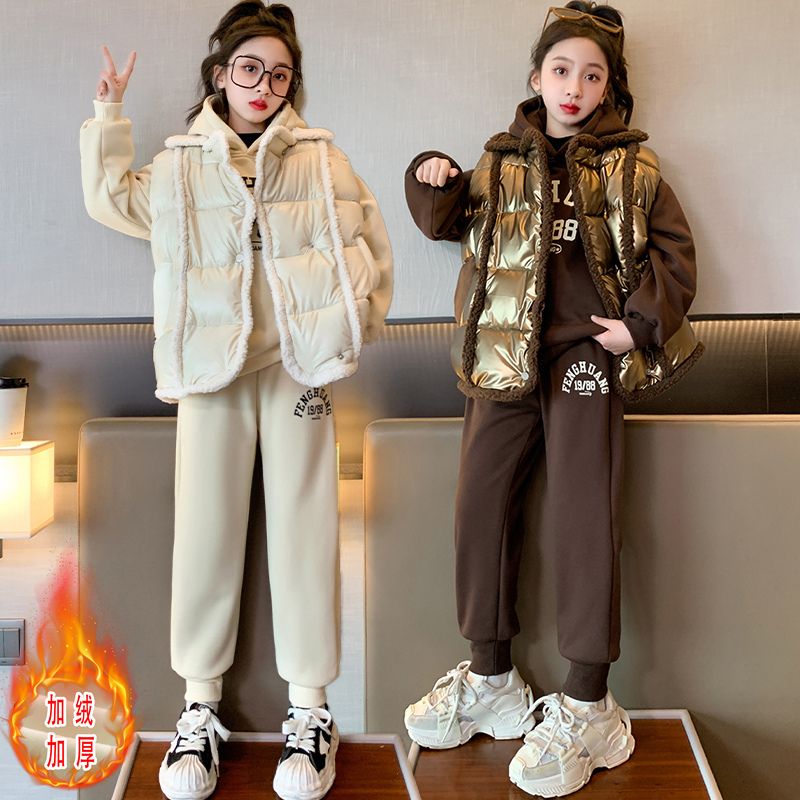 女童套装秋冬2023新款洋气中大童加绒加厚卫衣韩版女孩马甲三件套