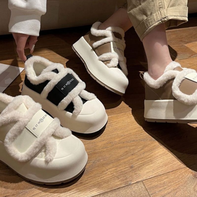 2023新款秋冬厚底休闲板鞋女加绒保暖魔术贴毛绒边面包小白鞋棉鞋