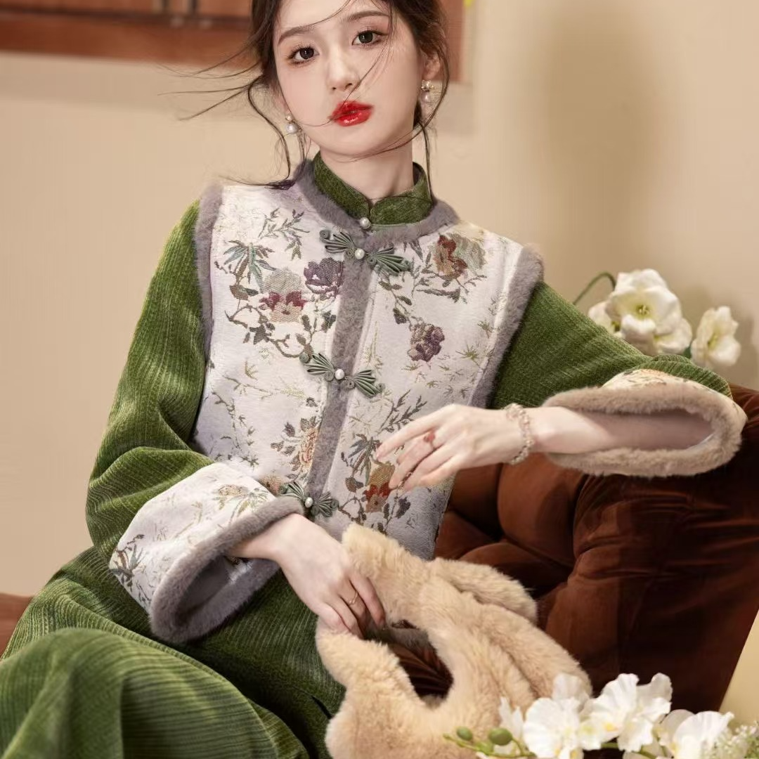 【幸韵-青黛】冬季新款新中式旗袍国风典雅两件套加绒日常旗袍套装