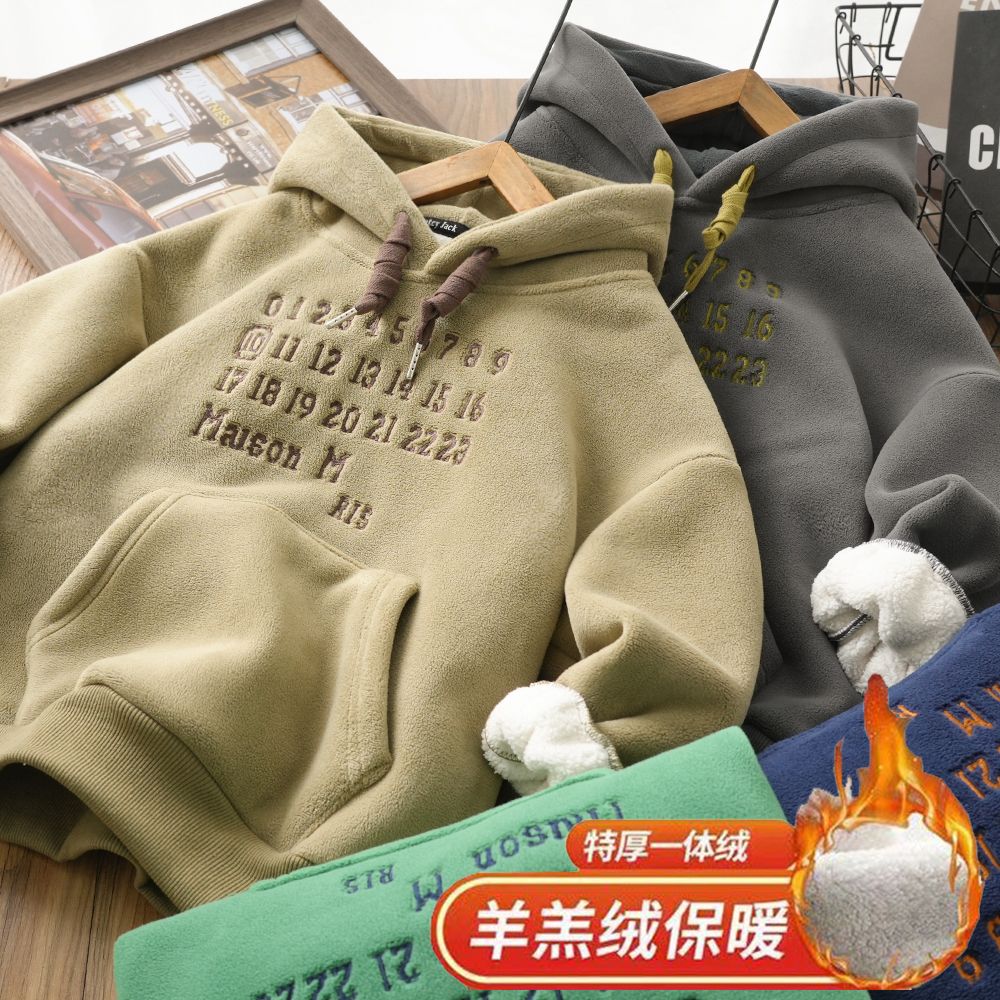 男童秋冬新款数字刺绣暖暖绒连帽加绒卫衣中大童厚实