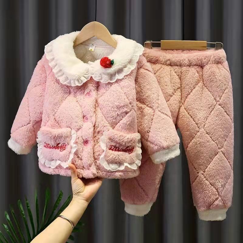 女童睡衣冬季加厚法兰绒小童三层夹棉冬款外穿儿童女宝宝家居服潮
