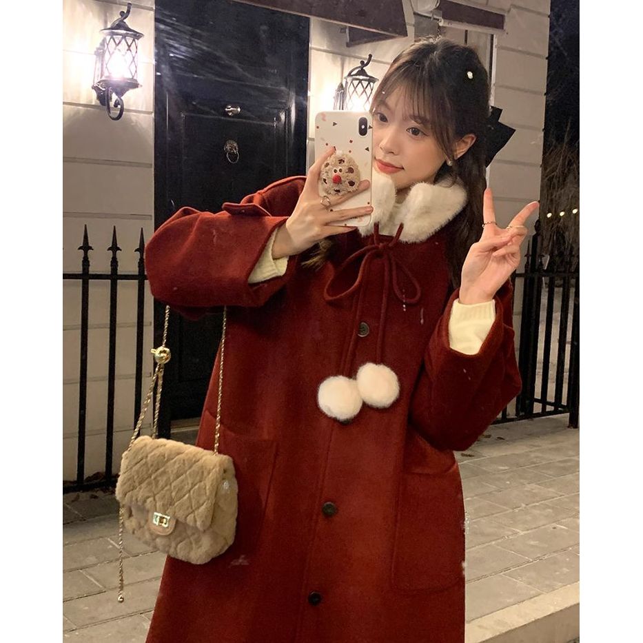 圣诞战服毛球呢子大衣女2023冬季新款韩剧女主穿搭厚实中长款外套