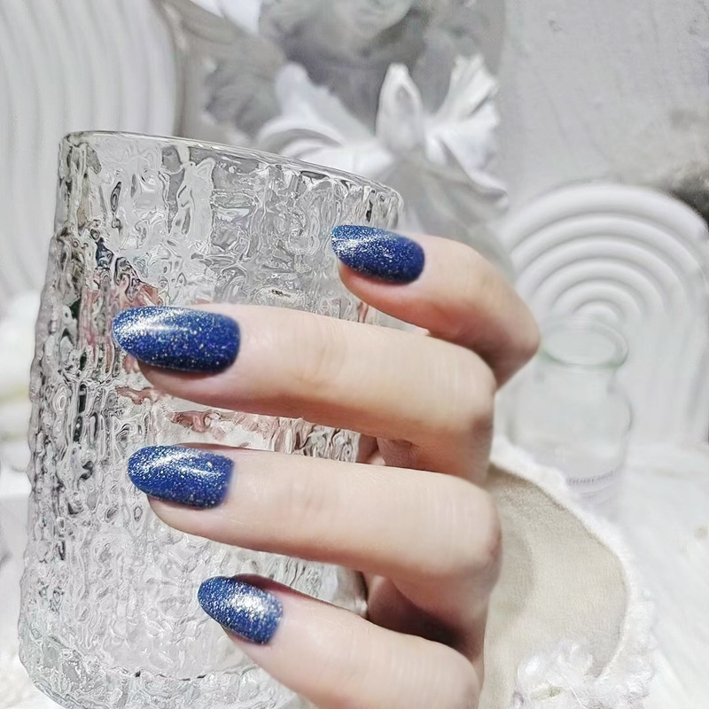 (长短可选)蓝猫眼高端穿戴甲爆闪美甲指甲贴穿戴式气质时尚