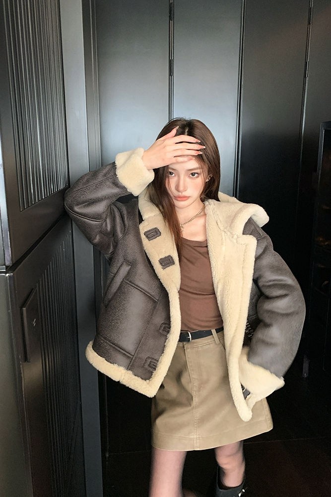 小火山努努 加州日落 定染原创连帽机车服皮毛一体加厚夹克外套女