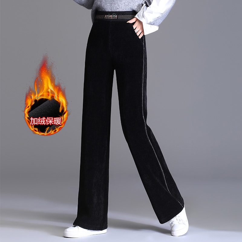 恩狐加厚外穿裤子女妈妈阔腿冬季条纹成人加绒中老年宽松休闲女裤