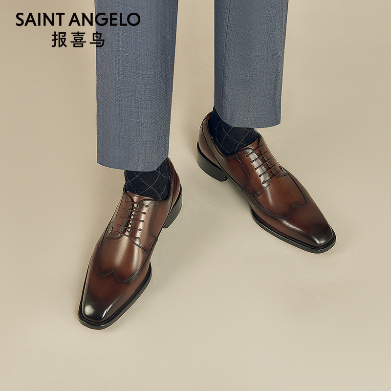 报喜鸟皮鞋春夏季新款男士结婚正装皮鞋英伦德比鞋真皮红底新郎鞋