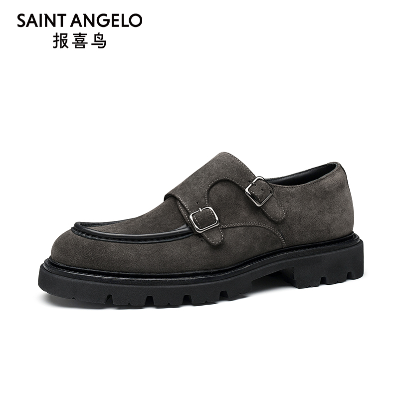 报喜鸟冬季秋季新款男士时尚加绒鞋子进口牛反绒厚底增高休闲皮鞋