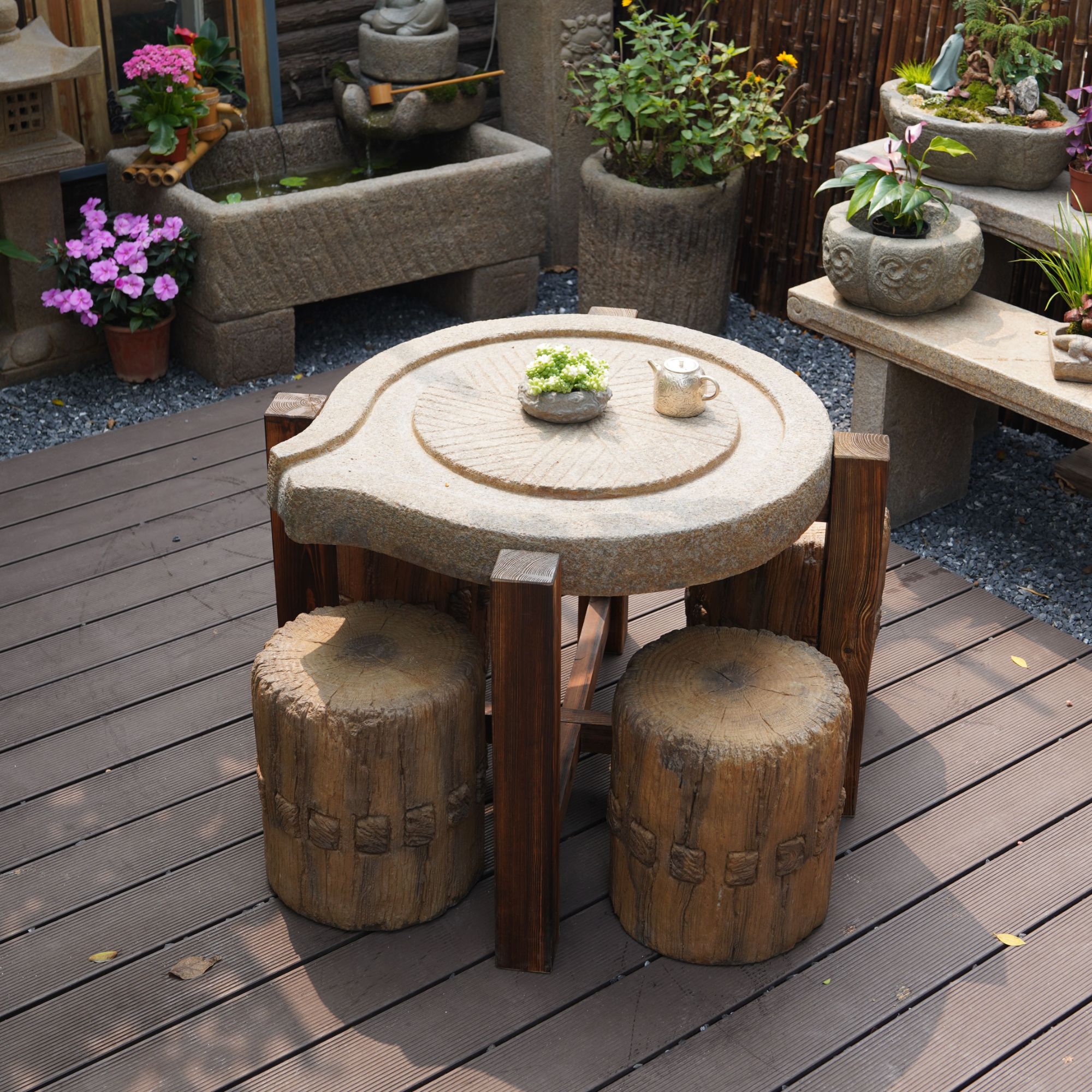 磨盘茶桌复古中式禅意茶室庭院空间造景摆件