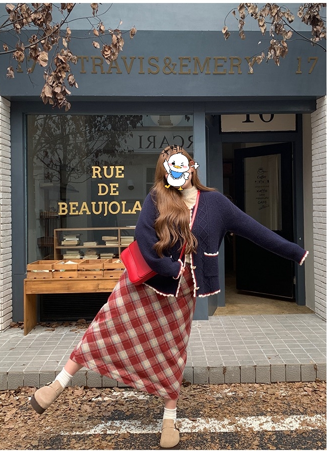 大码慵懒风针织衫外套格子半裙秋冬套装9392#