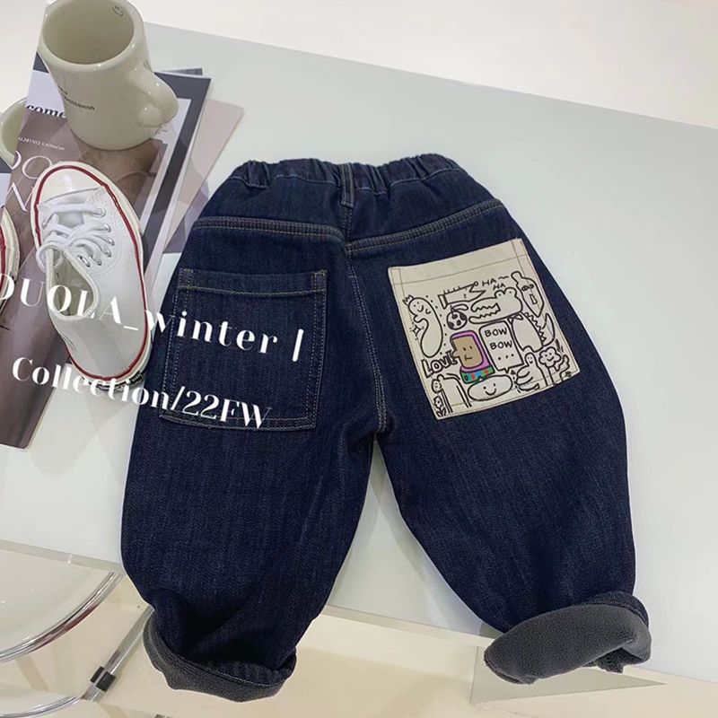 男童加绒加厚牛仔裤柔软新款韩国儿童女童宝宝一体绒休闲裤潮