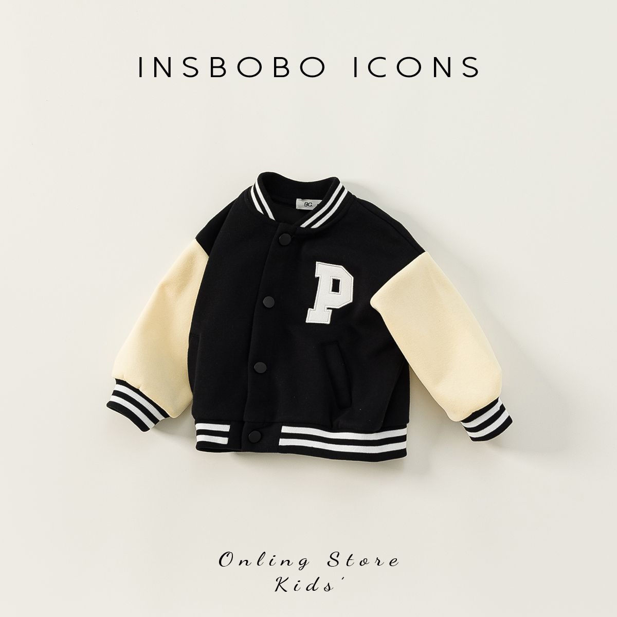 INSbobo秋冬男女童字母棒球服加厚儿童外套小童夹克撞色QY62009 