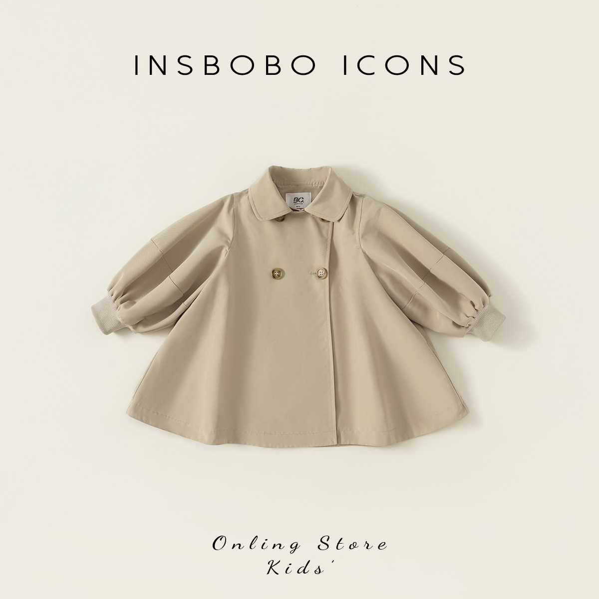INSbobo女童秋装灯笼袖风衣外套中小童大衣韩版双排扣翻领QY23022